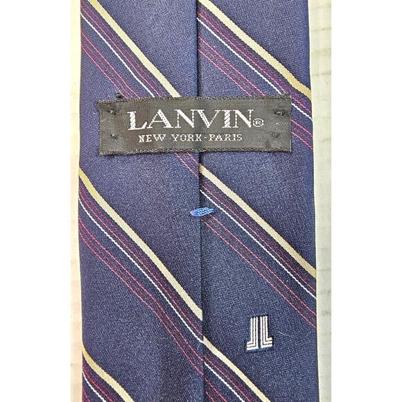 Lanvin Mens Navy Blue Striped Silk Tie With Red & Yellow Accents - Picture 6 of 8